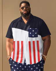 Men's Plus Size Independence Day Flag Patchwork Printed Short Sleeve Shirt Shorts Suit