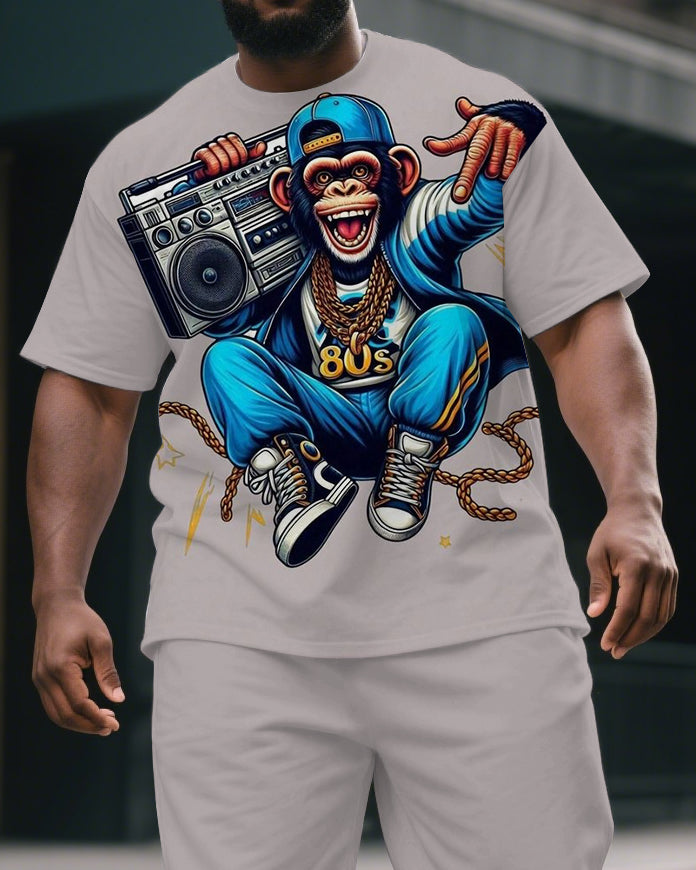 Big & Tall Men's Street Fashion 80s Hip Hop Gorillas Print Short-Sleeved T-shirt and Short Set