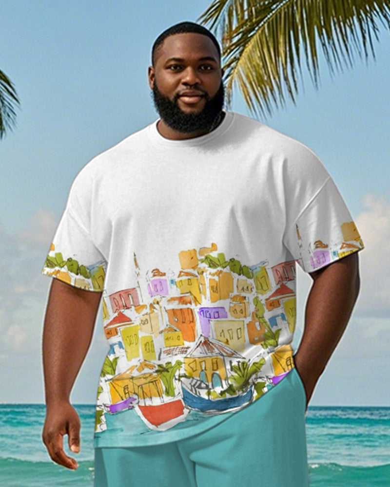 Big & Tall Men's Hawaiian Color Graffiti House Printed Crewneck Short Sleeve T-Shirt Shorts Suit