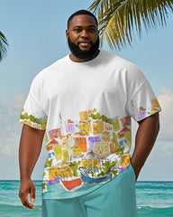 Big & Tall Men's Hawaiian Color Graffiti House Printed Crewneck Short Sleeve T-Shirt Shorts Suit