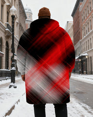 Big & Tall Men's Black And Red Gradient Geometric Printed Velvet Padded Long Hooded Coat