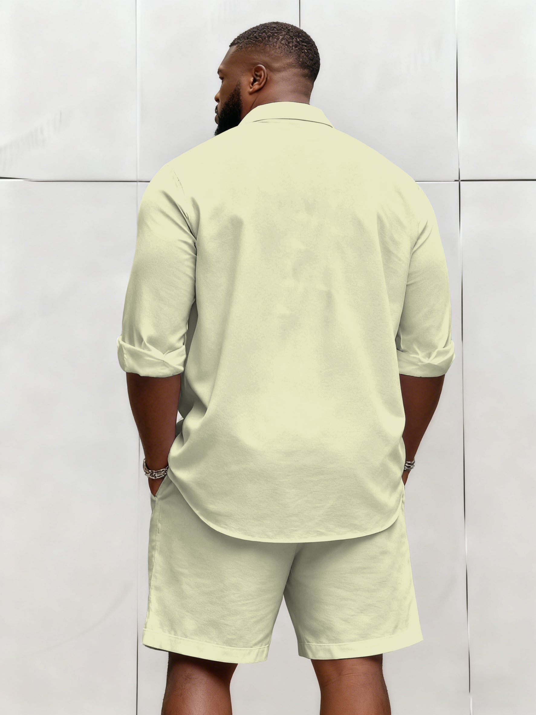 Big & Tall Men's Business Solid Color Long Sleeve Shirt Shorts Set