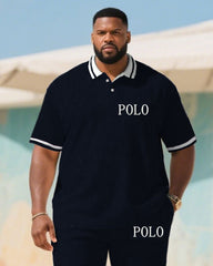 Men's large size Dark Blue Daily Simple Casual Short-sleeved polo shorts set