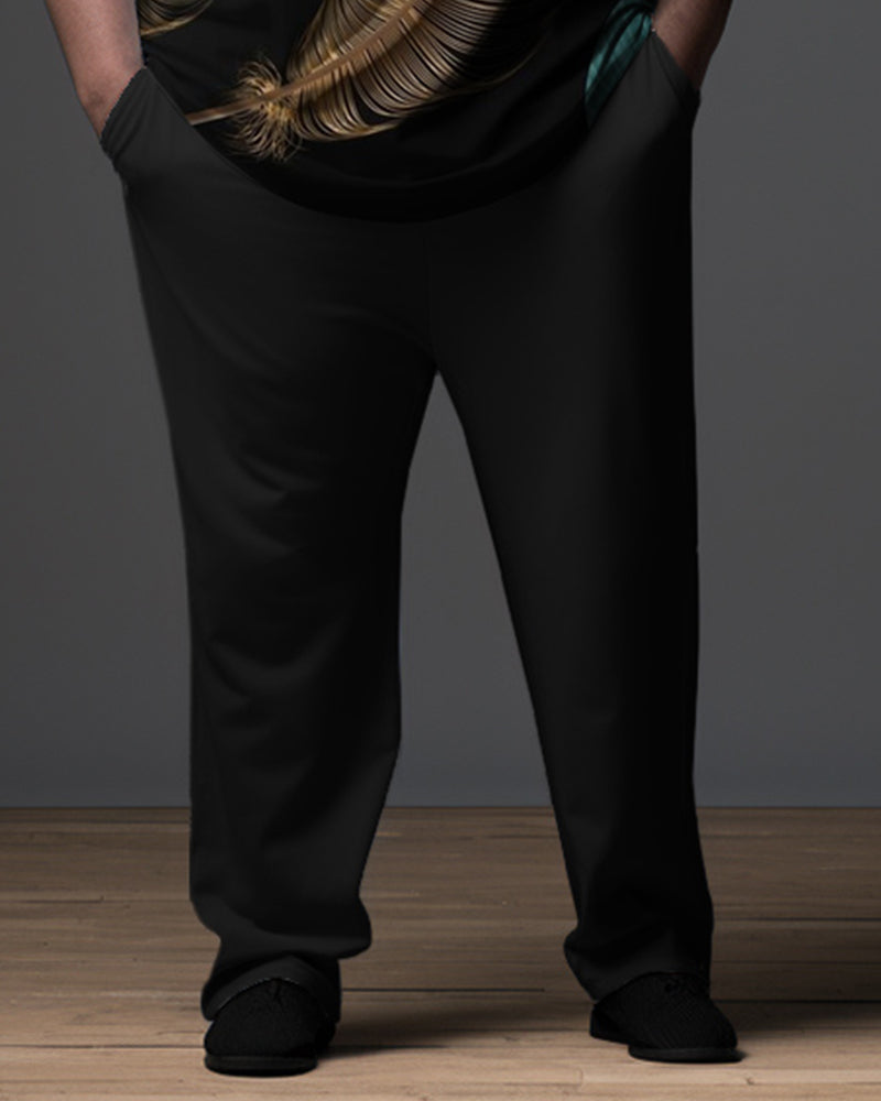 Big Men's Black Ombre Art Plus Size Business Polo Zipper Shirt and Pants Two-piece Set