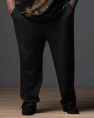 Big Men's Black Ombre Art Plus Size Business Polo Zipper Shirt and Pants Two-piece Set