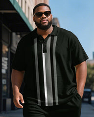 Men's Plus Size Business Black Stripe Print Short Sleeve Polo Shirt Shorts Suit