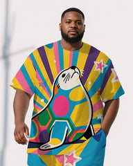 Big Men's Animal Theme Seal Cartoon Printed Casual Short Sleeve T-shirt Pants Set
