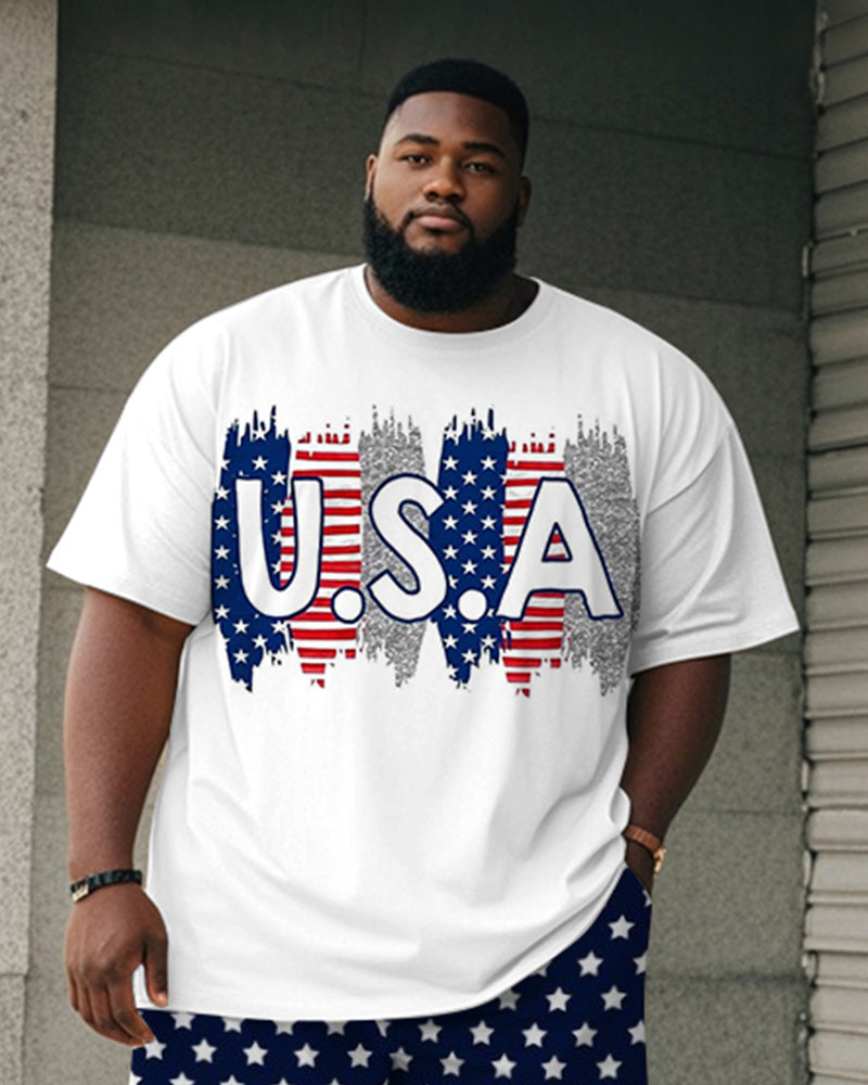 Men's Plus Size Independence Day Letter Print Round Neck Short Sleeve T-Shirt Shorts Suit