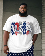 Men's Plus Size Independence Day Letter Print Round Neck Short Sleeve T-Shirt Shorts Suit