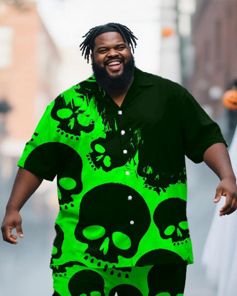 Big & Tall Men's Halloween Green Skull Print Short Sleeve Shirt Trousers Suit