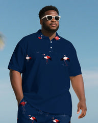 Big Men's Hawaiian Theme Funny Crane Style Short Sleeve Polo Shirt 2-piece Short Set
