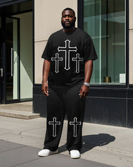 Men's Round Neck Simple Cross Printed Outdoor Big & Tall Short Sleeve T-shirt Pants Set