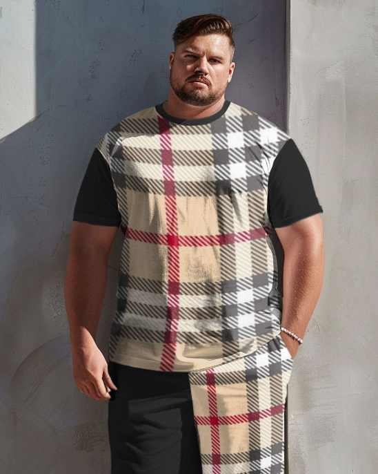Men's Plus Size Fashion Plaid Stitching T-Shirt Shorts Set