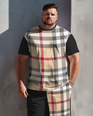 Men's Plus Size Fashion Plaid Stitching T-Shirt Shorts Set