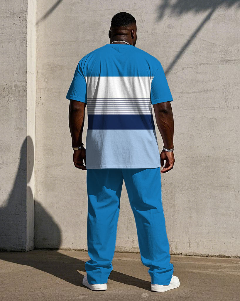 Men's Plus Size Summer Blue & White Striped Chest Small Label Printed Short Sleeve T-Shirt Trousers Suit