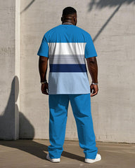 Men's Plus Size Summer Blue & White Striped Chest Small Label Printed Short Sleeve T-Shirt Trousers Suit