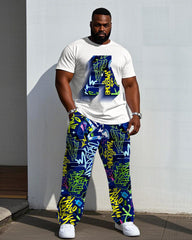 Men's Big & Tall Street Graffiti Design "A" 3D Gradient Printing Short-sleeved T-shirt Trousers Set
