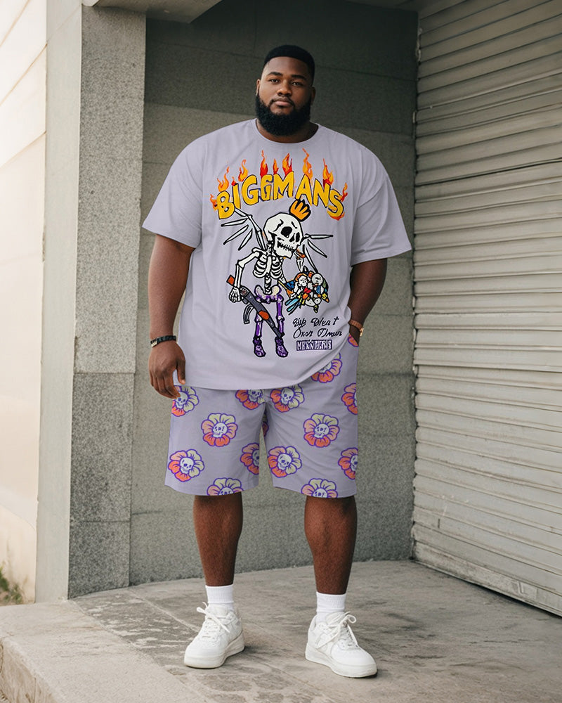 Big & Tall Men's Purple Skull Graffiti Flower Print Round Neck Short Sleeve T-Shirt Shorts Suit