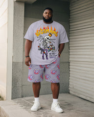 Big & Tall Men's Purple Skull Graffiti Flower Print Round Neck Short Sleeve T-Shirt Shorts Suit
