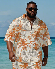 Men's Plus Size Hawaiian Hand Painted Orange Grey Coconut Tree Print Shirt Shorts Suit
