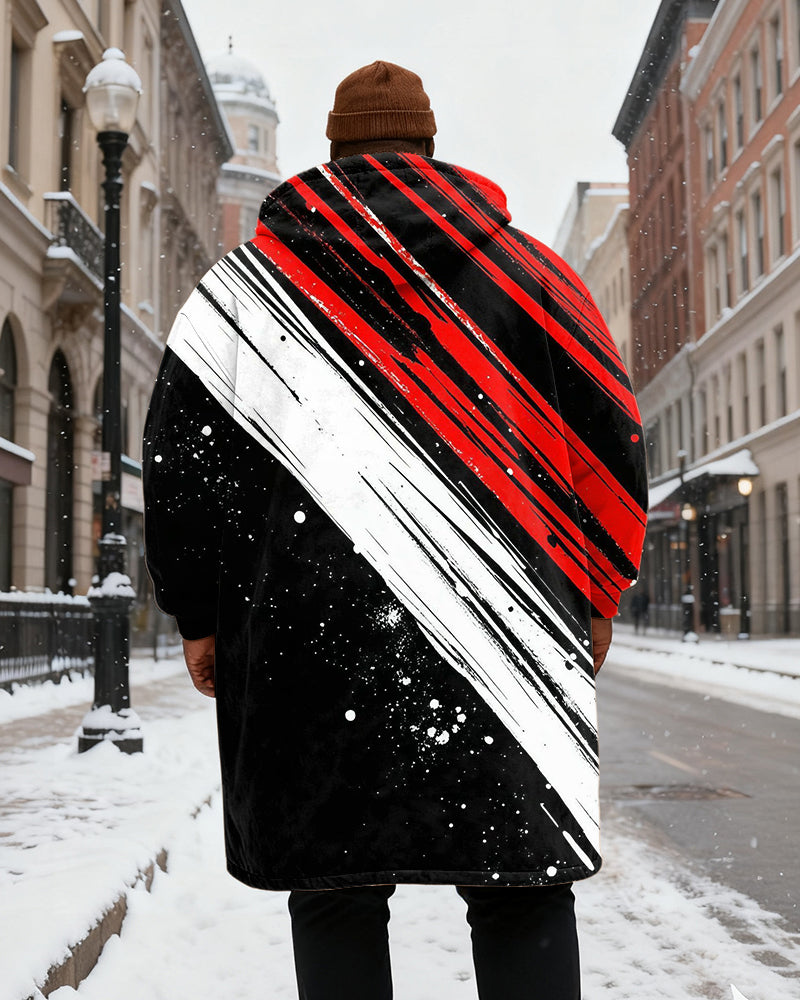 Big & Tall Men's Black And Red Brush Color Matching Printed Velvet Padded Long Hooded Coat
