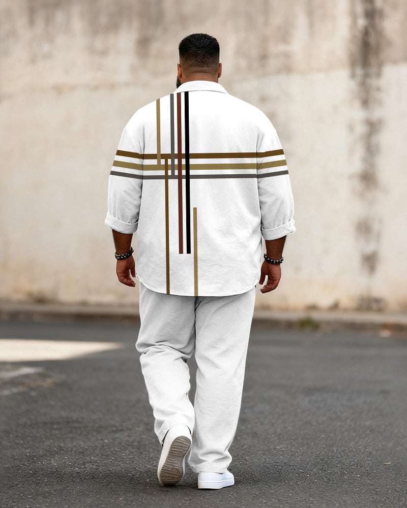 Big & Tall Men's Business Colorblock Striped Print Long Sleeve Shirt Pants Set