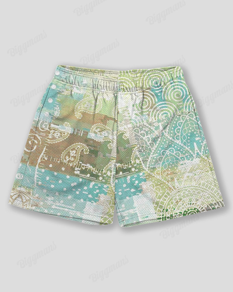 Big & Tall Men's Green Paisley Graffiti Print Sports Mesh Quick-Dry Shorts