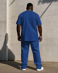 Men's Plus Size Casual Blue & White Colorblock Small Label Printed Short-sleeved T-shirt Trousers Suit