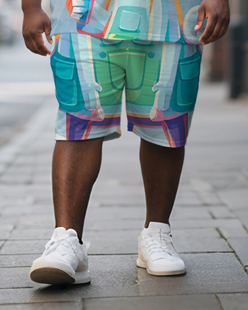 Men's Plus Size Blue Graffiti Milk Tea Leopard Print Short-sleeved T-shirt Shorts Suit