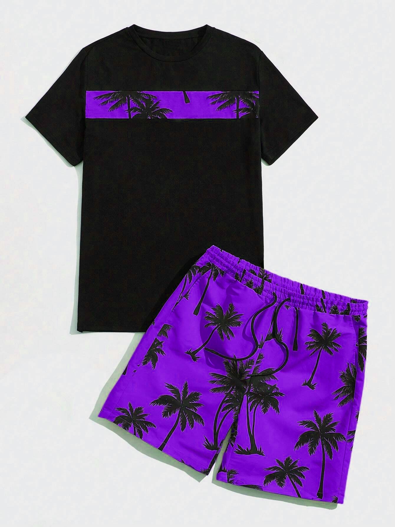 Big Men's Hawaiian Tropical Yellow Coconut Tree Patchwork Print Short Set