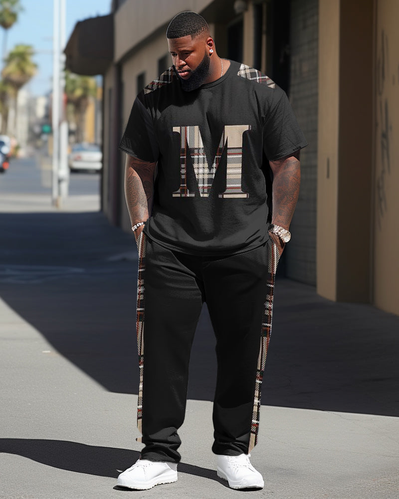 Men's Large Color-Blocked Plaid Street Hip-Hop Casual Two-Piece Set