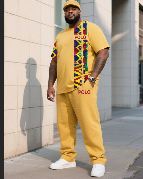 Big Boy Daily Casual Shenbulun Yellow Creative Stitching Texture Polo English Short-sleeved Pants Suit