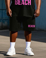 Big Men's Street Fashion BEACH Coconuts Printed Hawaii Casual Short Sleeve T-shirt Shorts Set