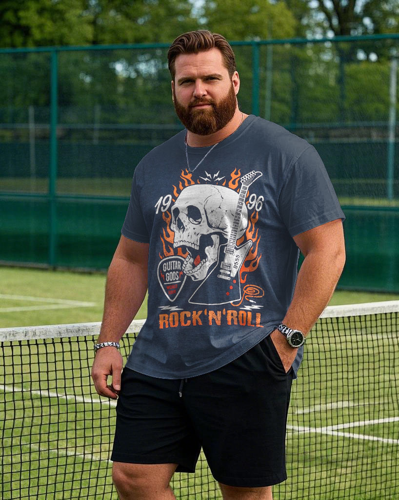 Men's Plus Size Royal Blue Crazy Rock Skull Print Round Neck Short Sleeve Tee