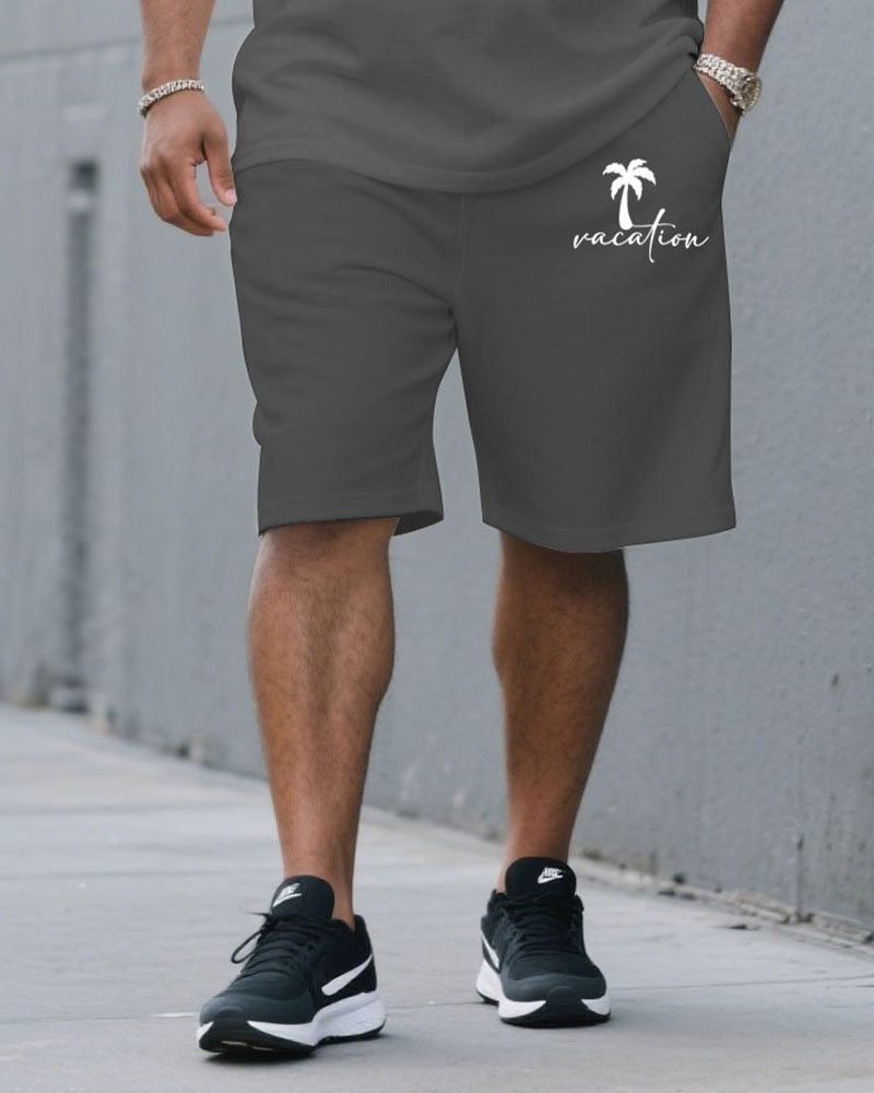 Men's Plus Size Grey & White Gradient Chest Vacation Small Label Coconut Tree Printed Round Neck Short Sleeve T-Shirt Suit Pants