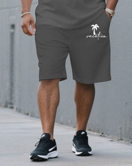 Men's Plus Size Grey & White Gradient Chest Vacation Small Label Coconut Tree Printed Round Neck Short Sleeve T-Shirt Suit Pants