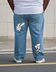 Big & Tall Men's Street Fashion Trend Personality Skull's Horror Print Denim Pants. Solid Front