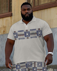 Men's Vintage Geometric Pattern Printed Big & Tall Short Sleeve Polo Shirt Shorts Set