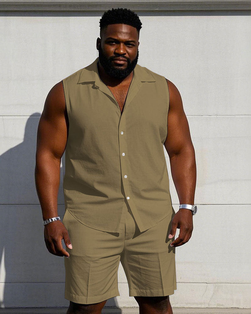 Men's Plus Size Sleeveless Vest Shirt Shorts Suit-Solid 10 Color Choice