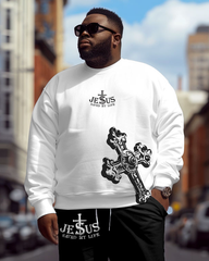 Men's Plus Size Casual Simple Cross Printed Sweatshirt Two-Piece Set