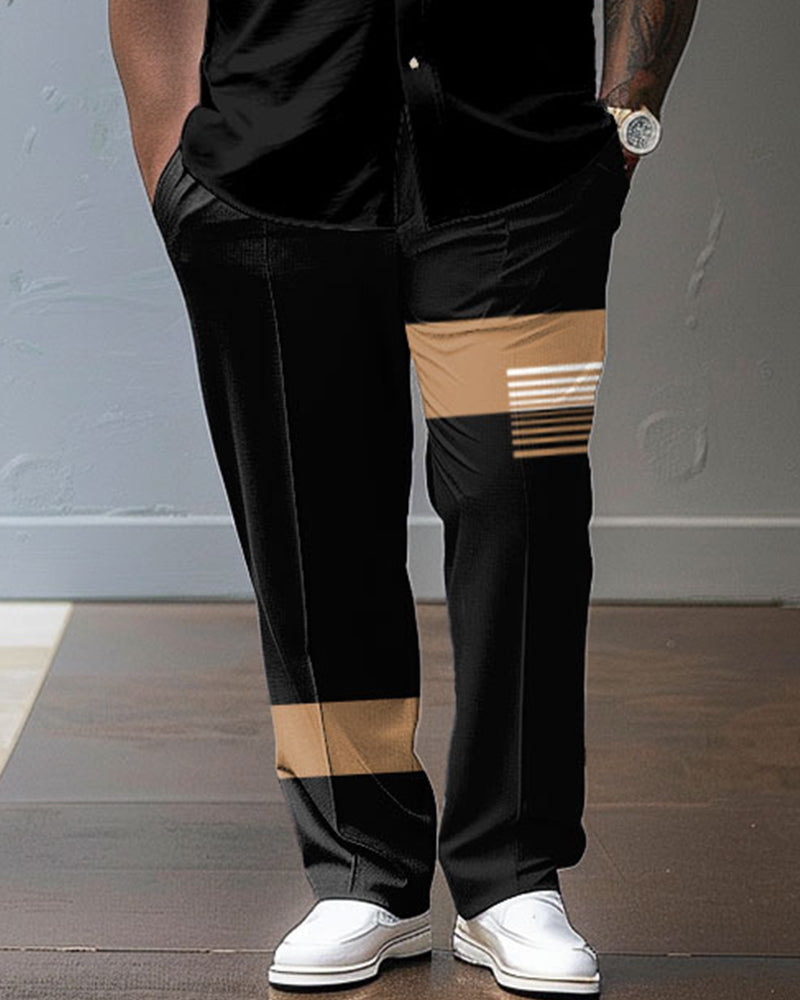 Striped Color Contrast Large Size Classic Printed Men's Short Sleeve Pants Set