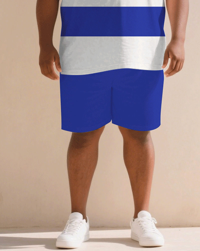 Men's Plus Size Casual White & Blue Contrast Thick Short-sleeved T-shirt Shorts Suit