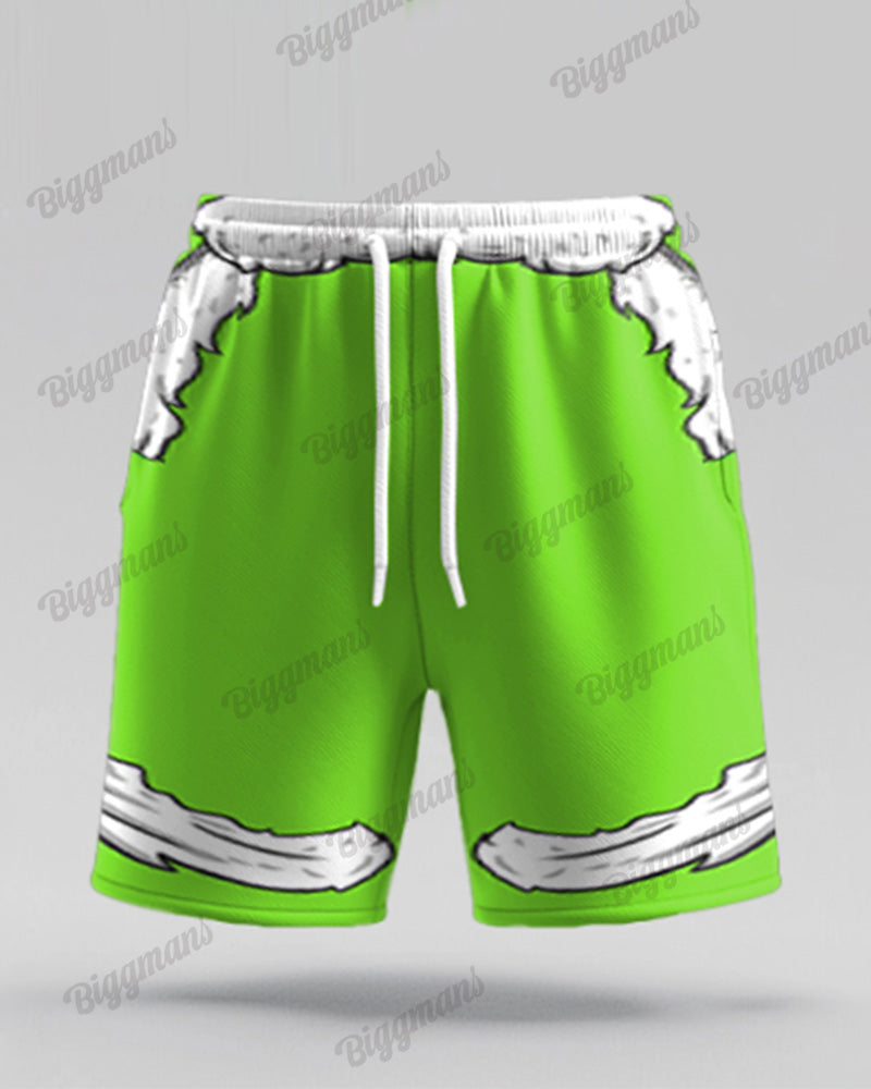 Men's Big & Tall Christmas Green Santa Cosplay Printed Short Sleeve Shirt Shorts Set