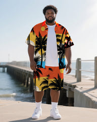 Big Men's Sunset Coconut Trees Hawaiian Theme 2-Piece Short Sleeve Shirt Shorts Suits