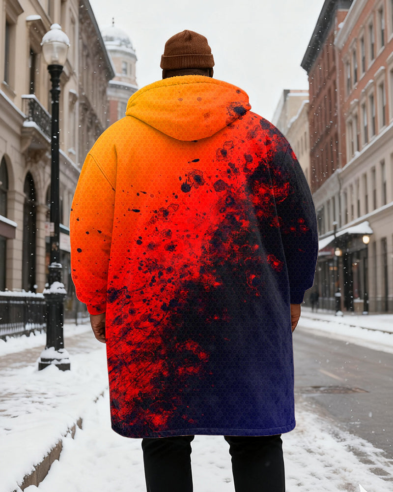 Big & Tall Men's Orange Graffiti Gradient Print Velvet Thickened Long Hooded Coat