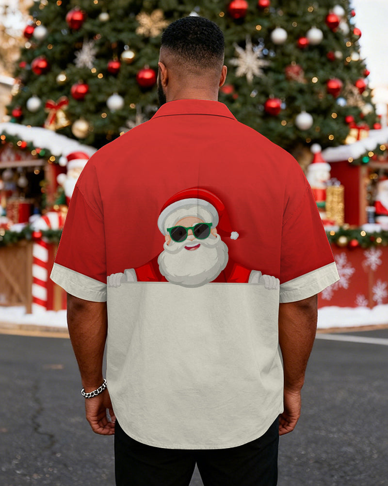 Big & Tall Men's Santa Claus Sunglasses Cartoon Print Short Sleeve Shirt