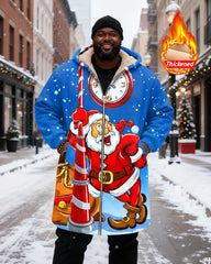 Big & Tall Men's Blue Background Santa Claus Clock Print Velvet Thickened Long Hooded Coat