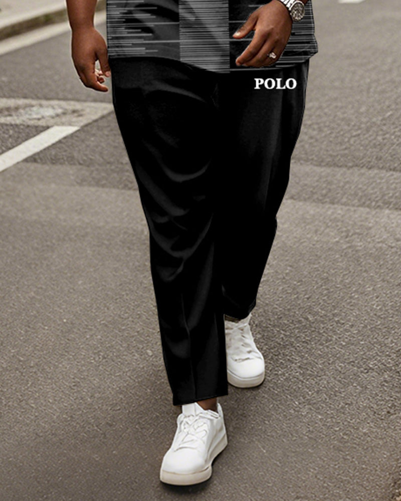 Men's Plus Size Black Grey Stripe Colorblock Alphabet Print Henry Collar T-Shirt Trousers Suit