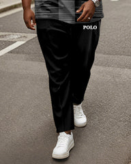 Men's Plus Size Black Grey Stripe Colorblock Alphabet Print Henry Collar T-Shirt Trousers Suit