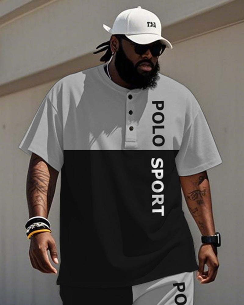 Men's Plus Size Black And Grey Colorblock Alphabet Print Henry Collar T-Shirt Trousers Suit